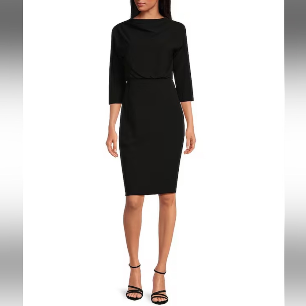 Belle by Badgley Mischka draped boat neck 3/4 sleeves black Dress size 2